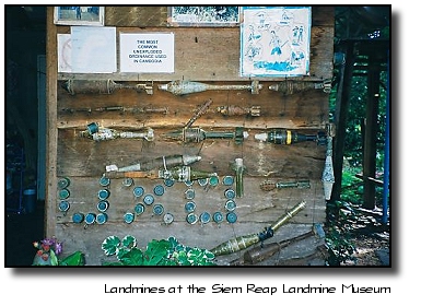 Unexploded ordnance on display at the Siem Reap Landmine Museum