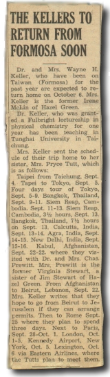 Kellers Return from Formosa